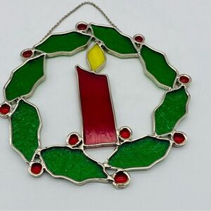 Vintage Stained Glass Sun Catcher Window Christmas Wreath Red Green
